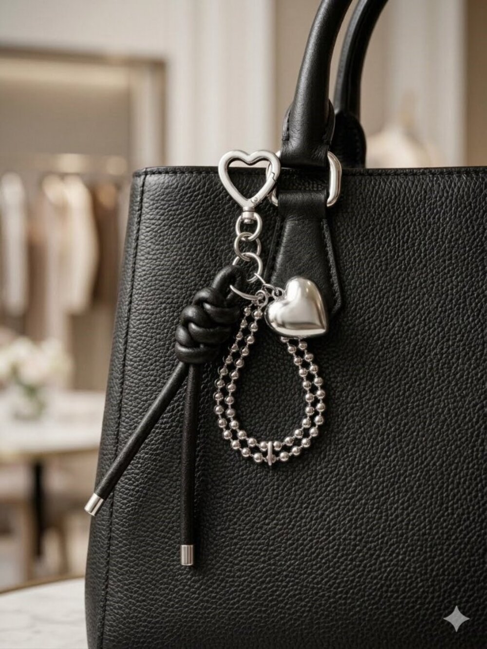 Lefties Silver Beaded Bag Charm with Heart & Black Knot